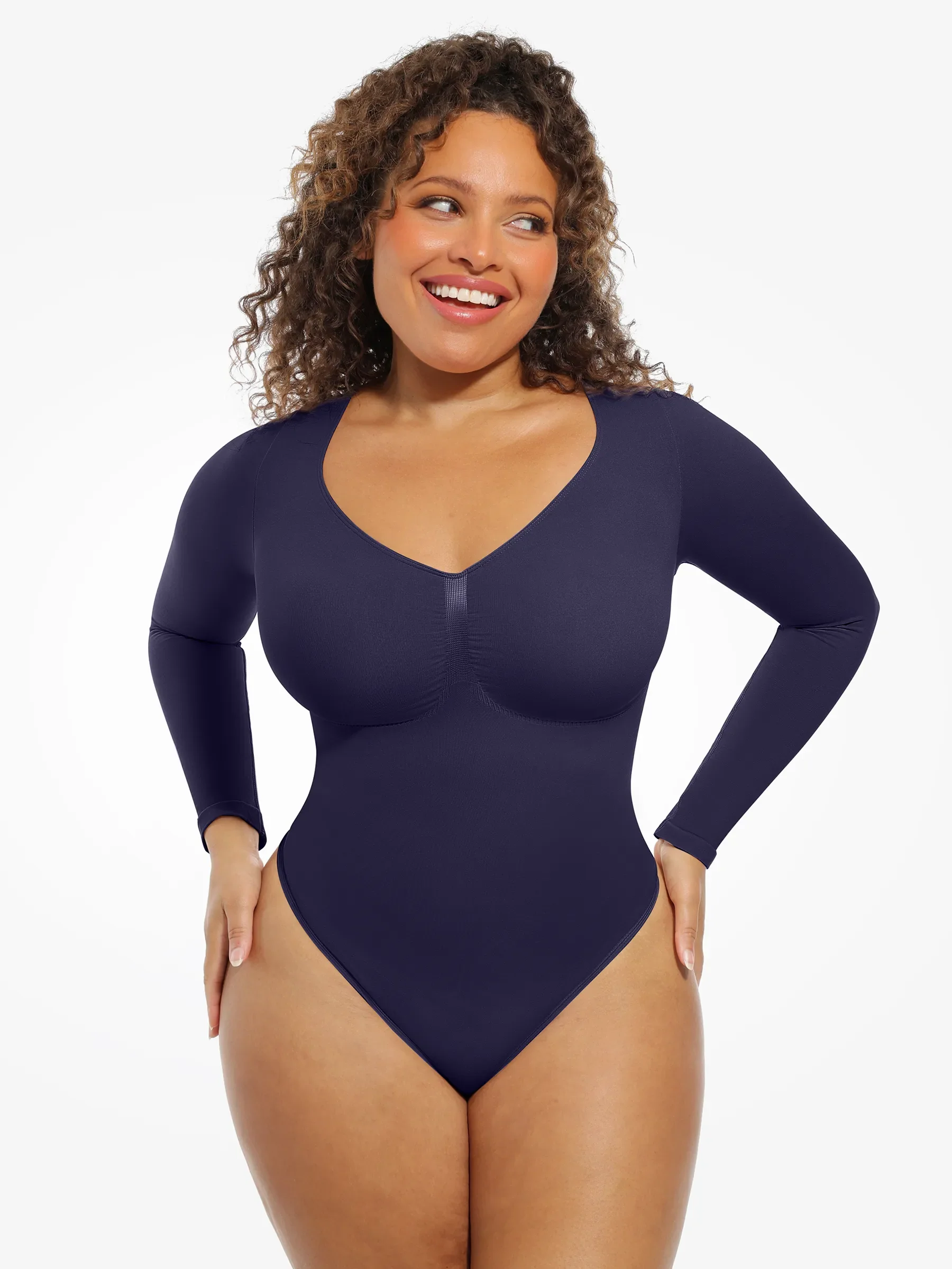 Feelingirl Seamless Long Sleeve Chest Support Tummy Control Thong Bodysuit - Image 66
