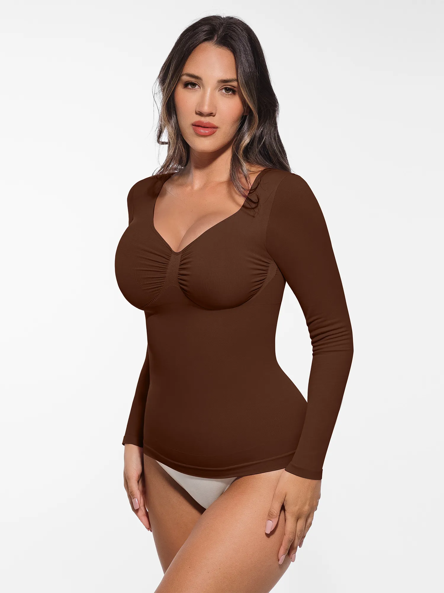Feelingirl Seamless Long Sleeve Tummy Control Thong Bodysuit - Image 116