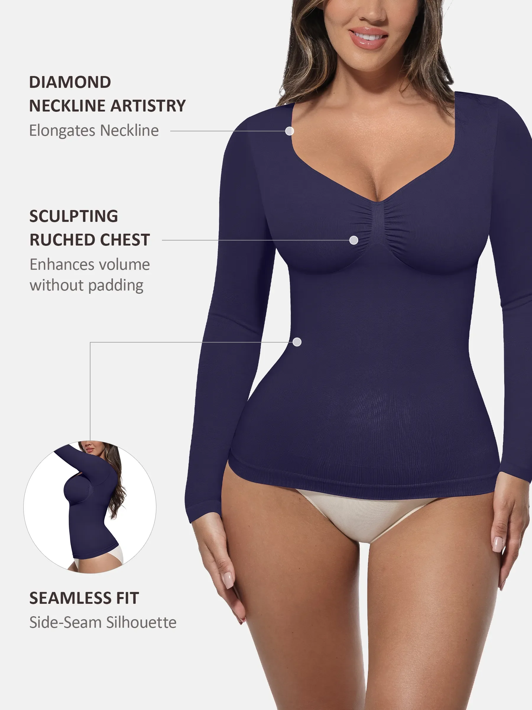 Feelingirl Seamless Long Sleeve Tummy Control Thong Bodysuit - Image 107