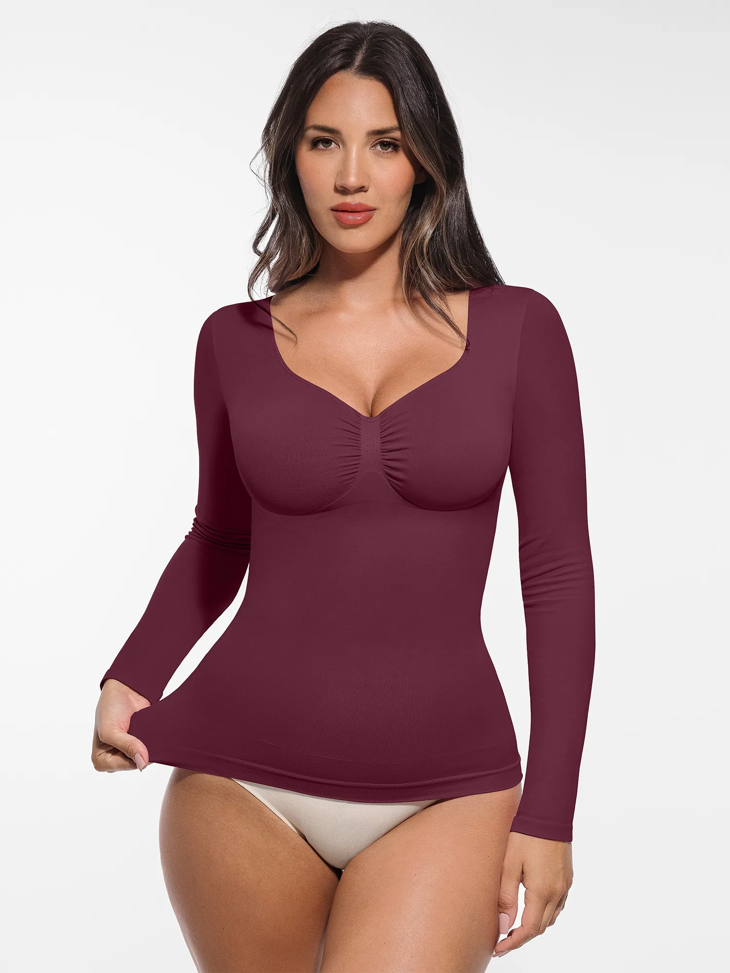 Feelingirl Seamless Long Sleeve Tummy Control Thong Bodysuit - Image 90