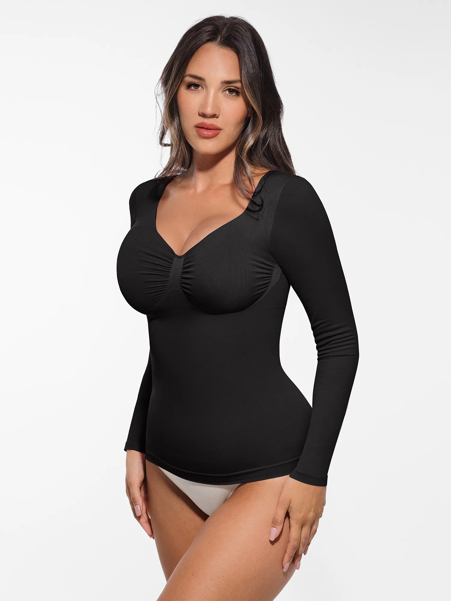 Feelingirl Seamless Long Sleeve Tummy Control Thong Bodysuit - Image 124