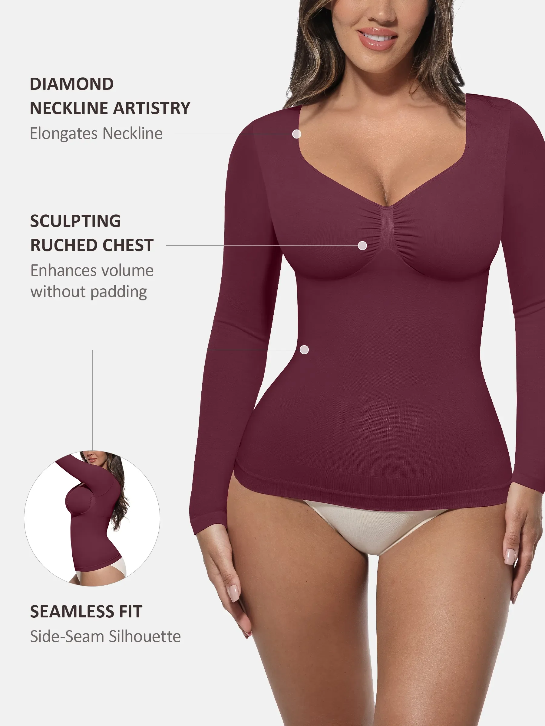 Feelingirl Seamless Long Sleeve Tummy Control Thong Bodysuit - Image 91