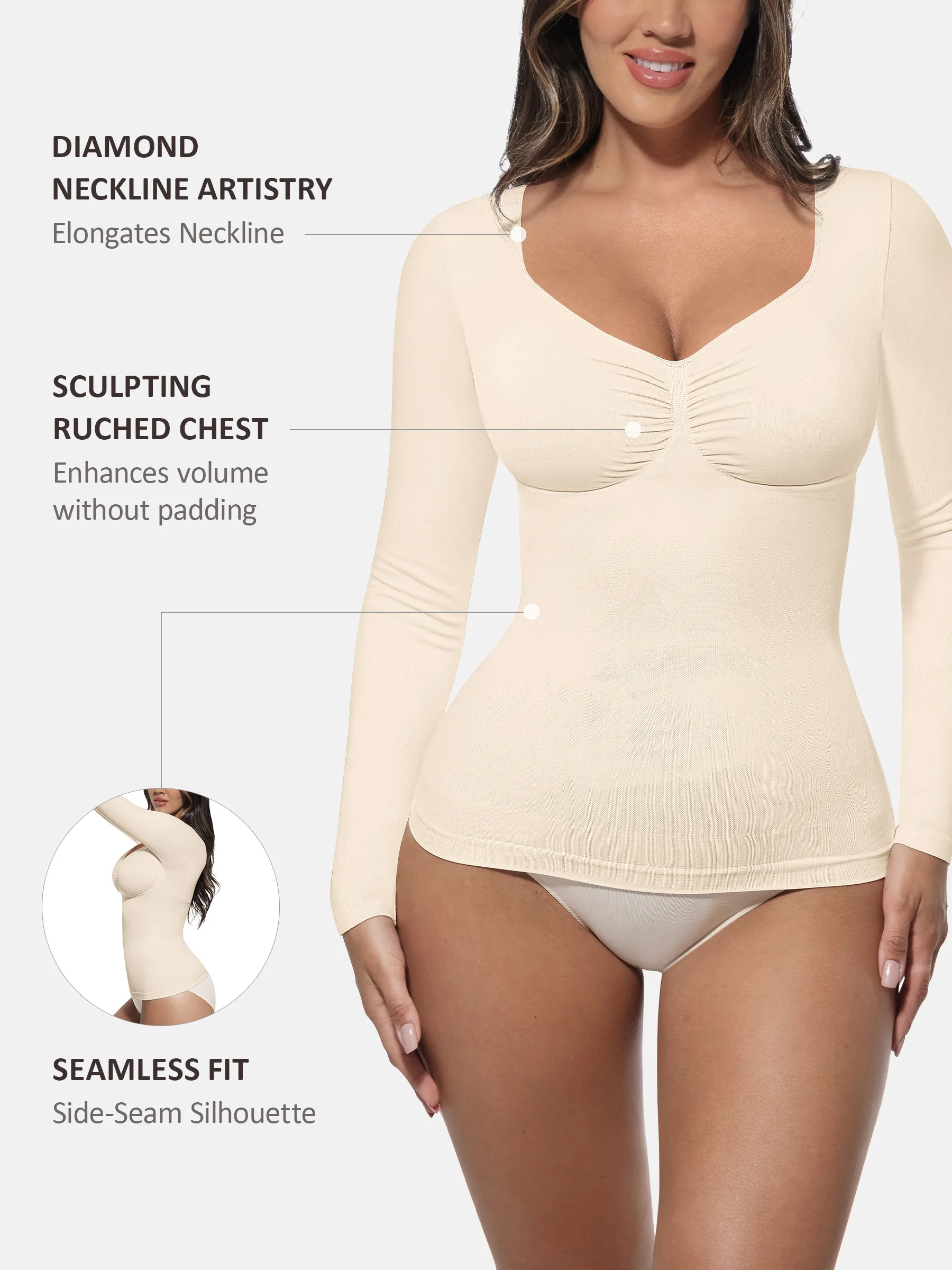 Feelingirl Seamless Long Sleeve Tummy Control Thong Bodysuit - Image 83