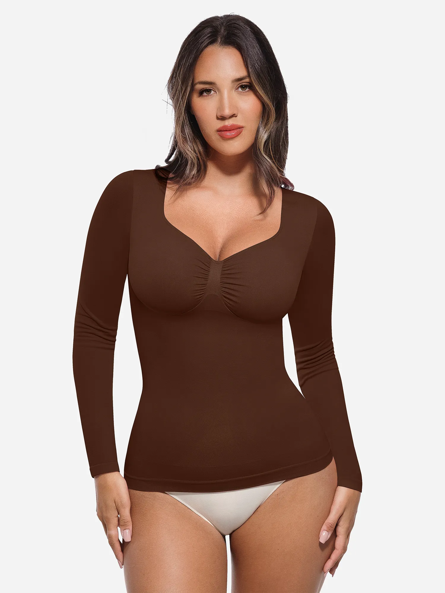 Feelingirl Seamless Long Sleeve Tummy Control Thong Bodysuit - Image 112