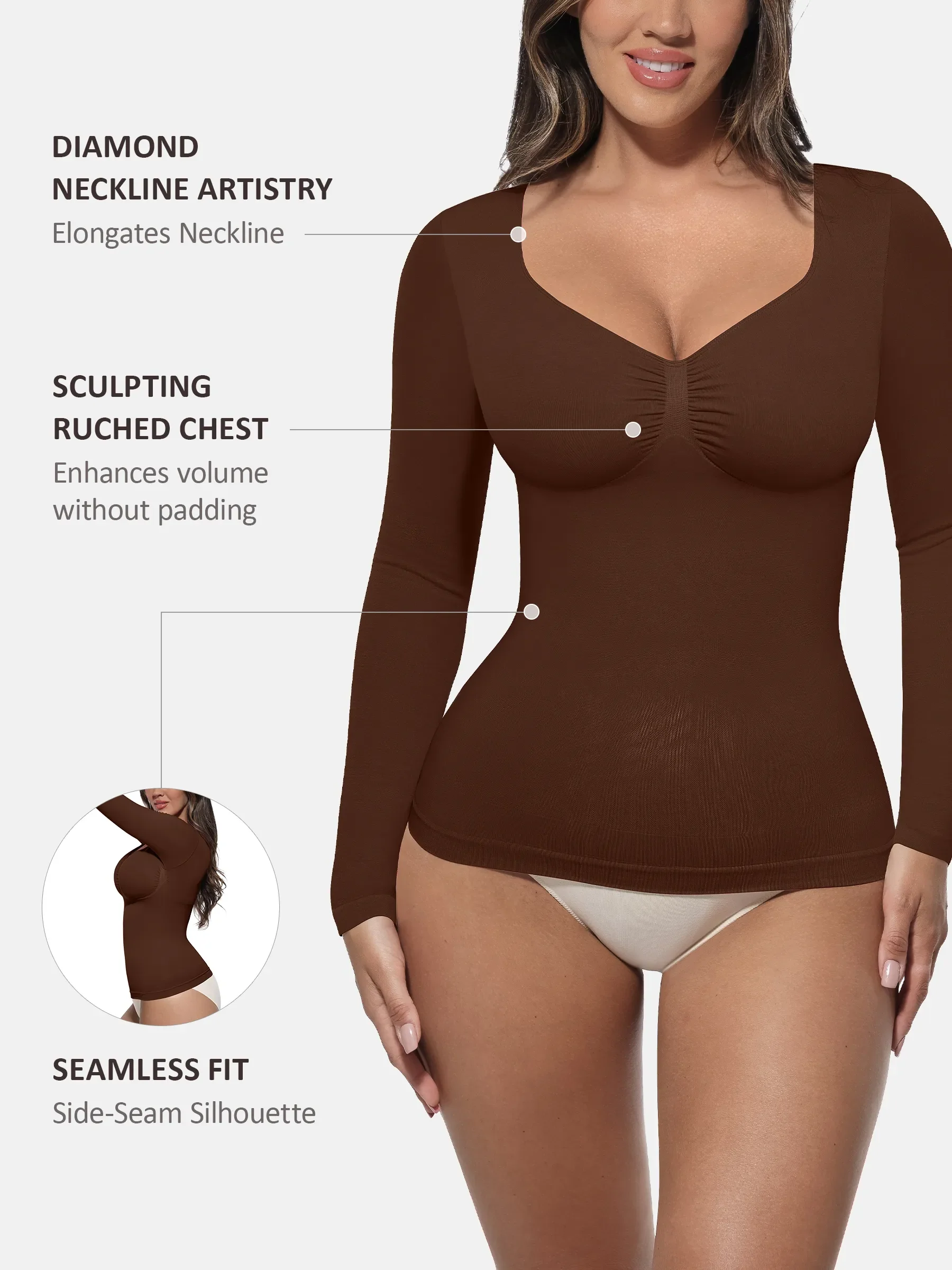 Feelingirl Seamless Long Sleeve Tummy Control Thong Bodysuit - Image 113