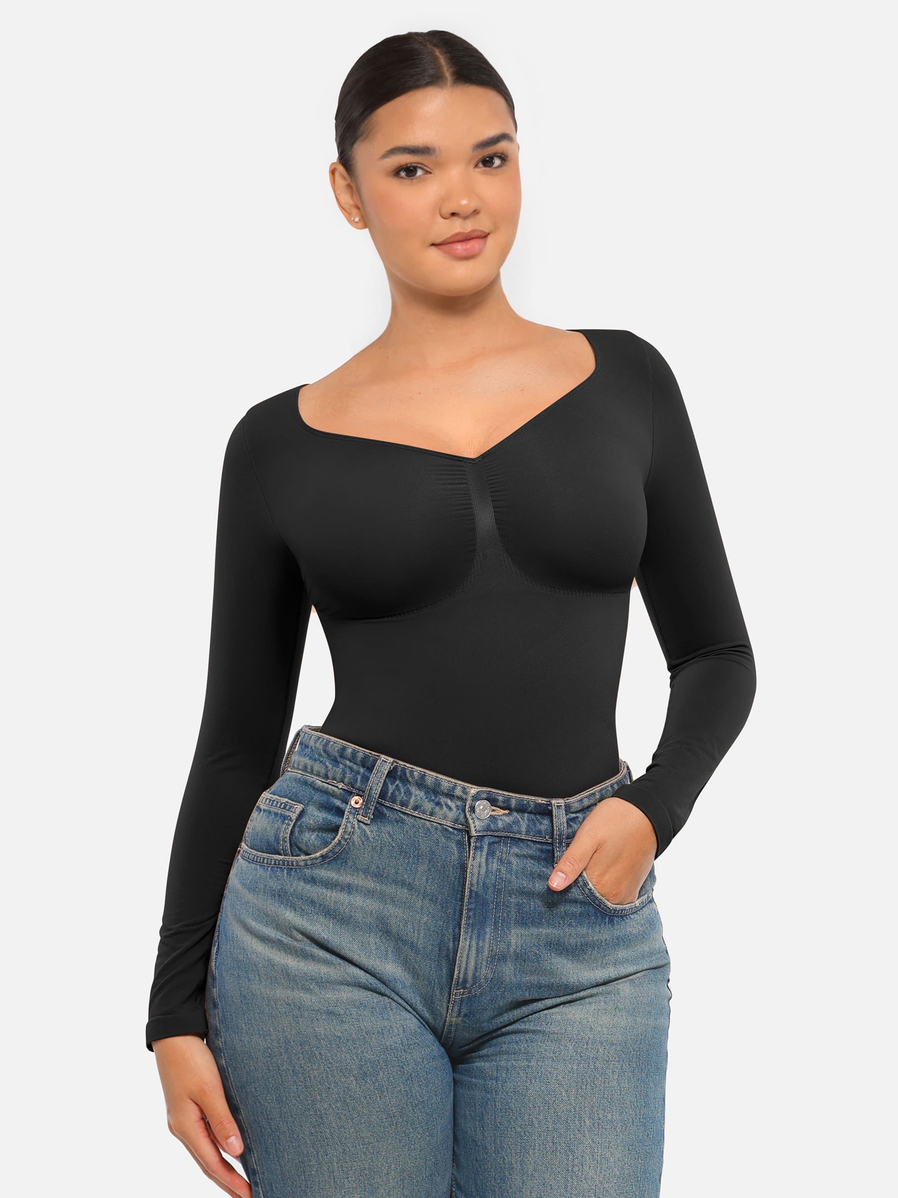 Feelingirl Seamless Long Sleeve Tummy Control Thong Bodysuit - Image 24